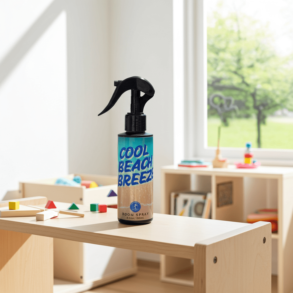 Room spray bottle labeled 'Cool Beach Breeze' on a wooden surface with a play area in the background.