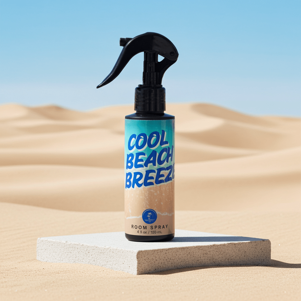 Spray bottle labeled 'Cool Beach Breeze' on a sand dune with blue sky.