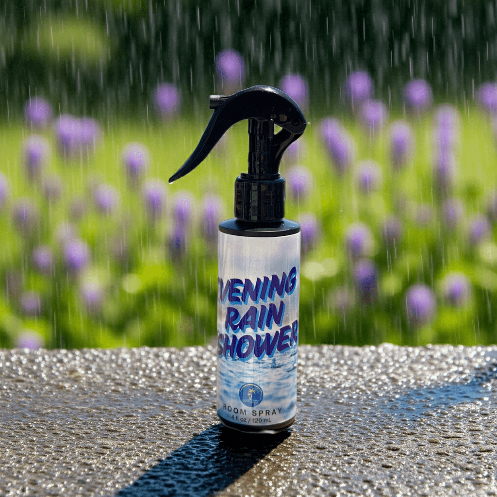 Bottle of 'Evening Rain Shower' room spray with a raindrop design on a textured surface with blurred purple flowers in the background.
