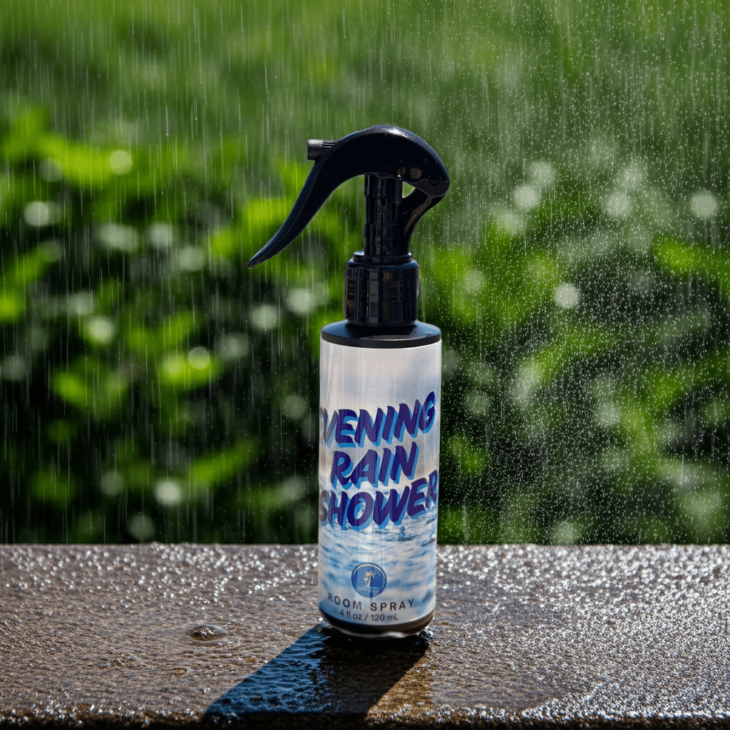 Bottle of 'Evening Rain Shower' room spray with a black sprayer on a wet surface, rain droplets falling in the background.