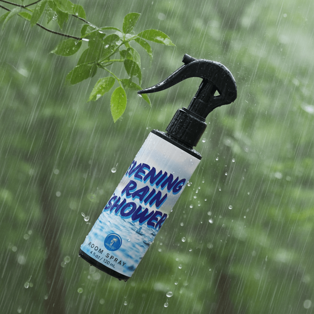 Room spray labeled 'Evening Rain Shower' with a raindrop background