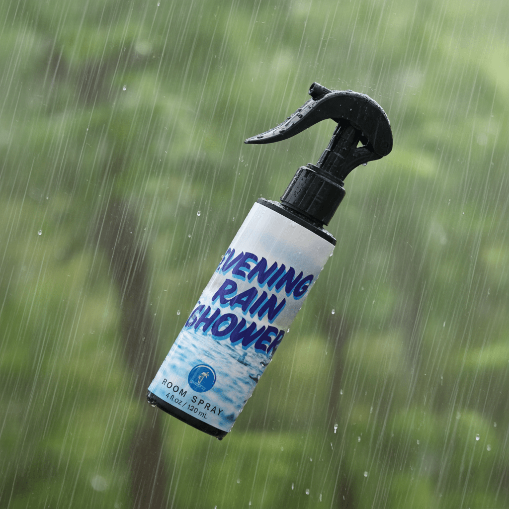 Bottle of 'Evening Rain Shower' room spray with a raindrop design against a blurred green background.