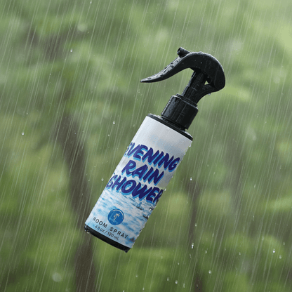 Bottle of 'Evening Rain Shower' room spray with a raindrop design against a blurred green background.