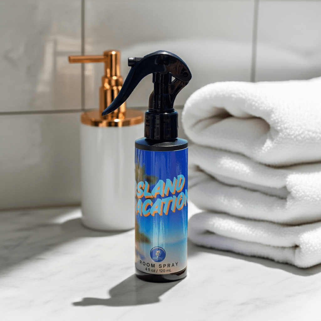 Room spray bottle labeled 'Island Vacation' on a bathroom counter with a towel and soap dispenser.