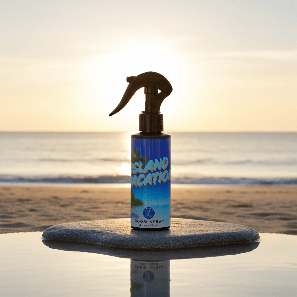 Room spray bottle labeled 'Island Vacation' on a beach at sunset