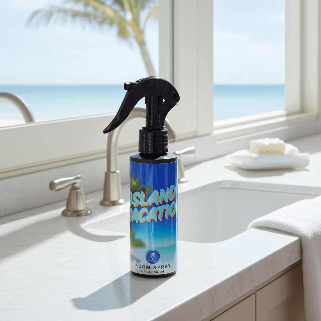 Room spray bottle labeled 'Island Vacation' on a bathroom counter with a window view of the ocean.