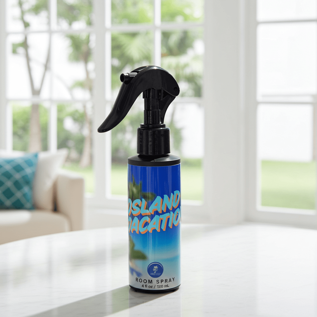 Room spray bottle labeled 'Island Vacation' on a table with a blurred indoor background