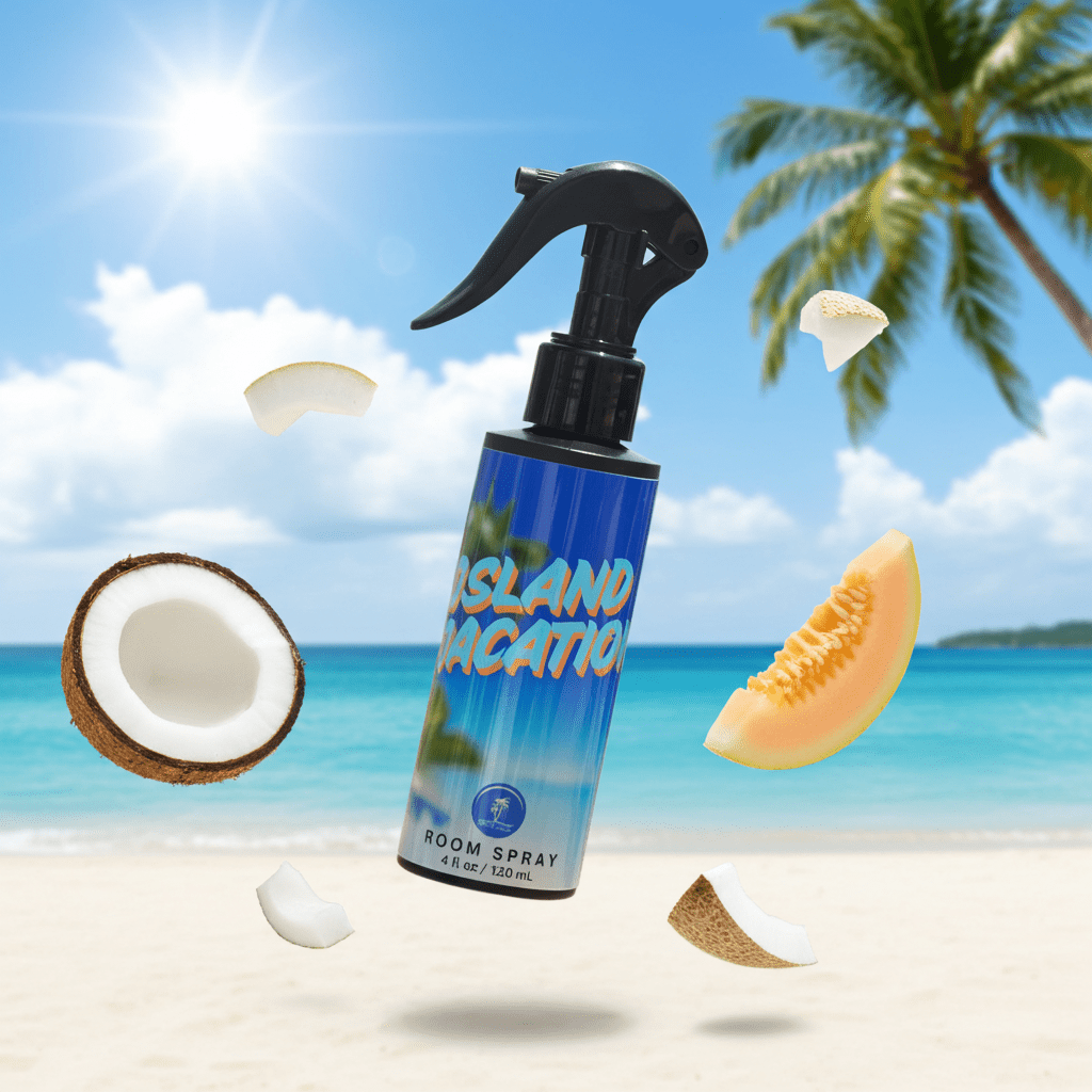 Room spray bottle labeled 'Island Vacation' with tropical elements on a beach background