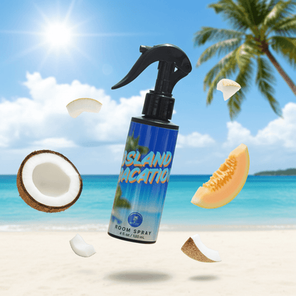 Room spray bottle labeled 'Island Vacation' with tropical elements on a beach background