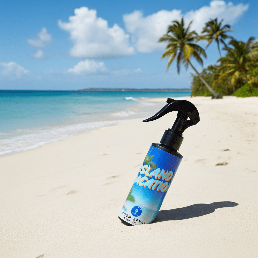 Spray bottle labeled 'Island Vacation' on a sandy beach with palm trees and blue sky.