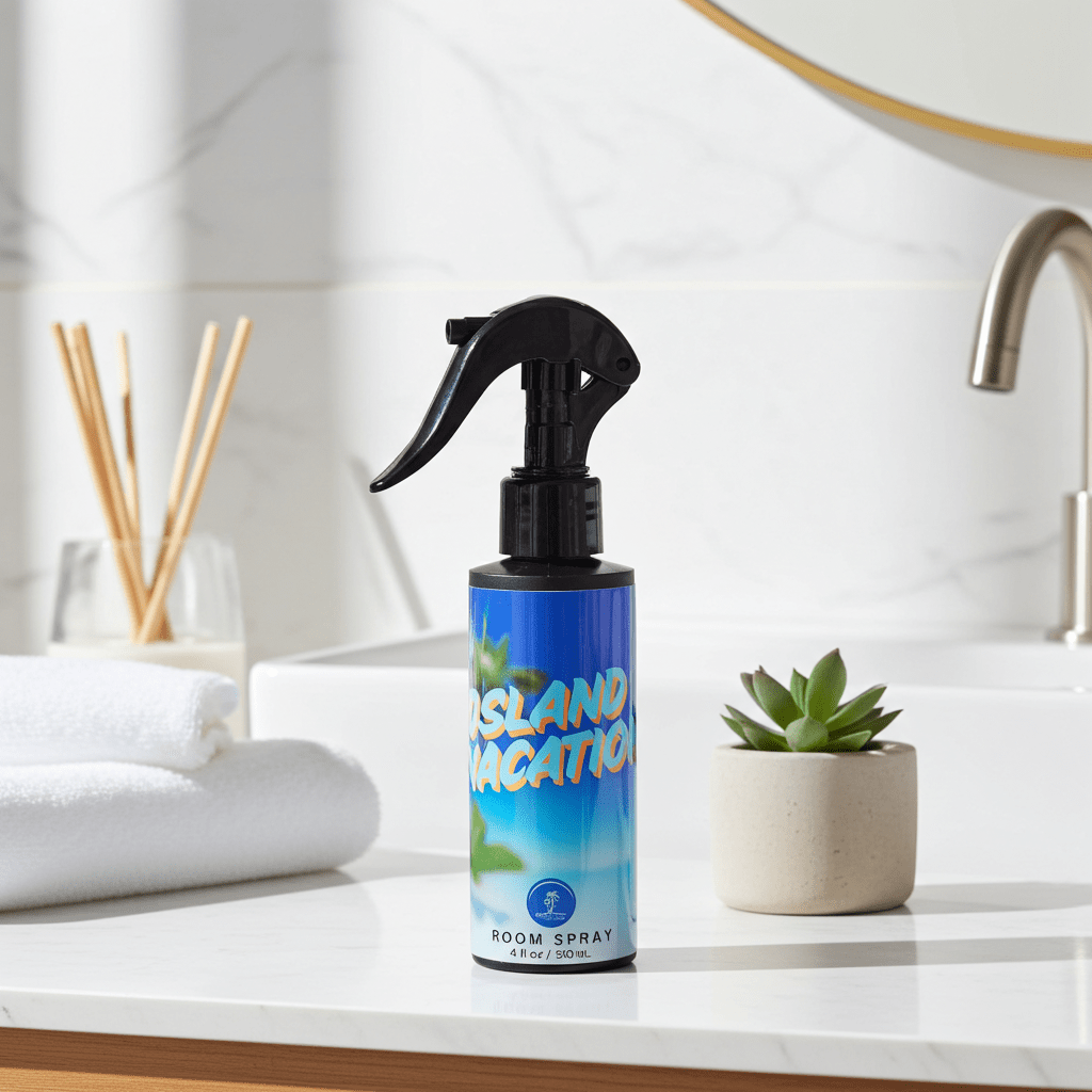 Room spray bottle labeled 'Island Vacation' on a bathroom counter with towels and a plant in the background.