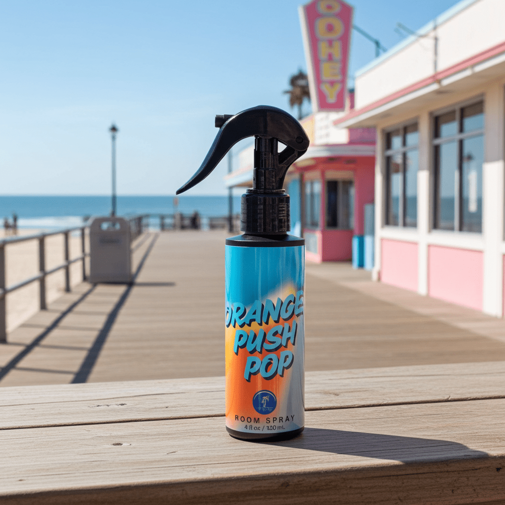 Spray bottle labeled 'Orange Push Pop' on a wooden pier with ocean and building in the background