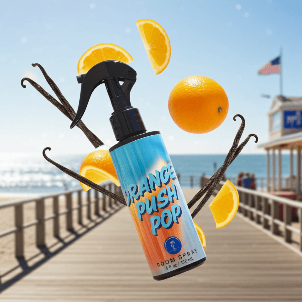 Orange Push Pop room spray with oranges and vanilla beans on a beach boardwalk