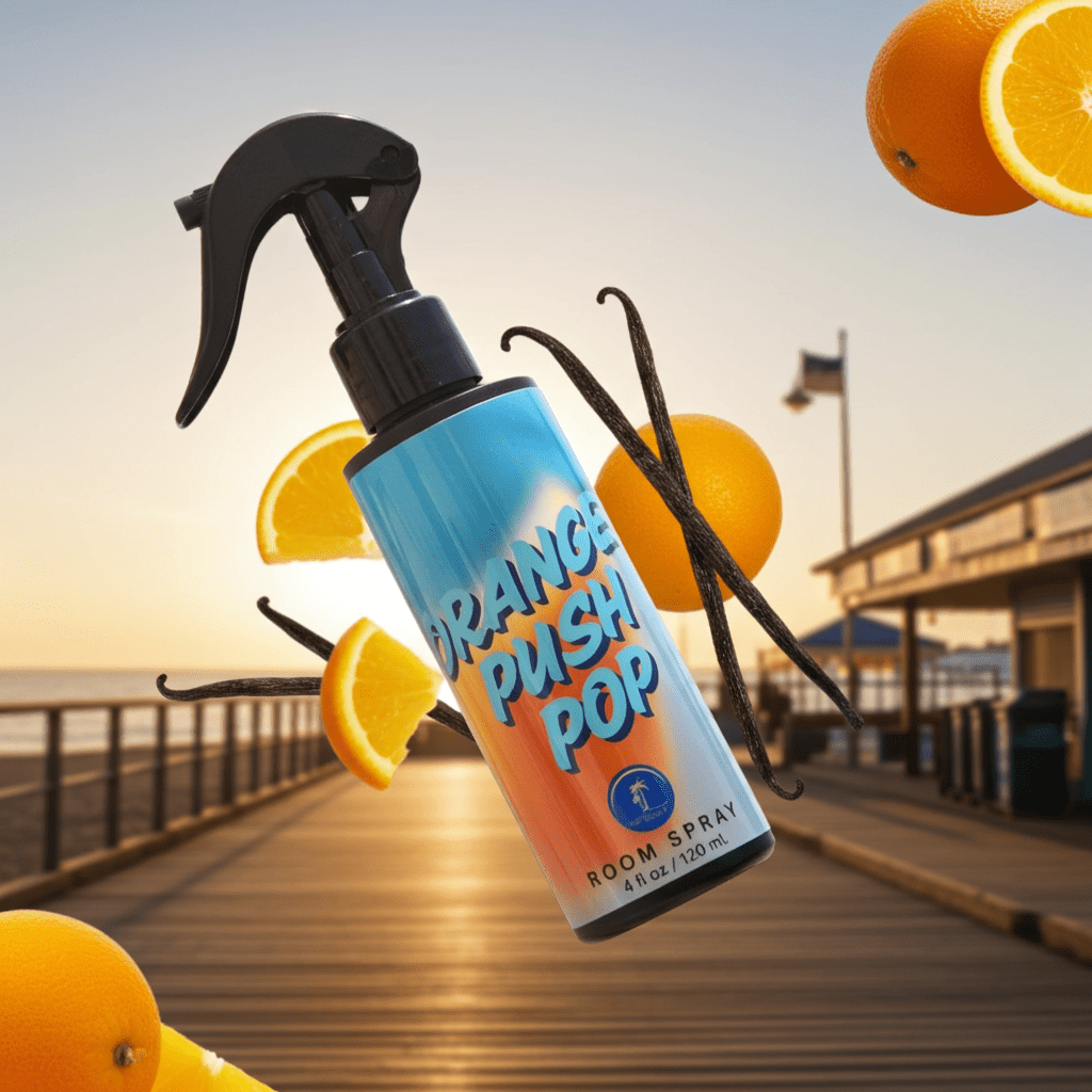 Orange Push Pop room spray with oranges and vanilla beans on a wooden pier background