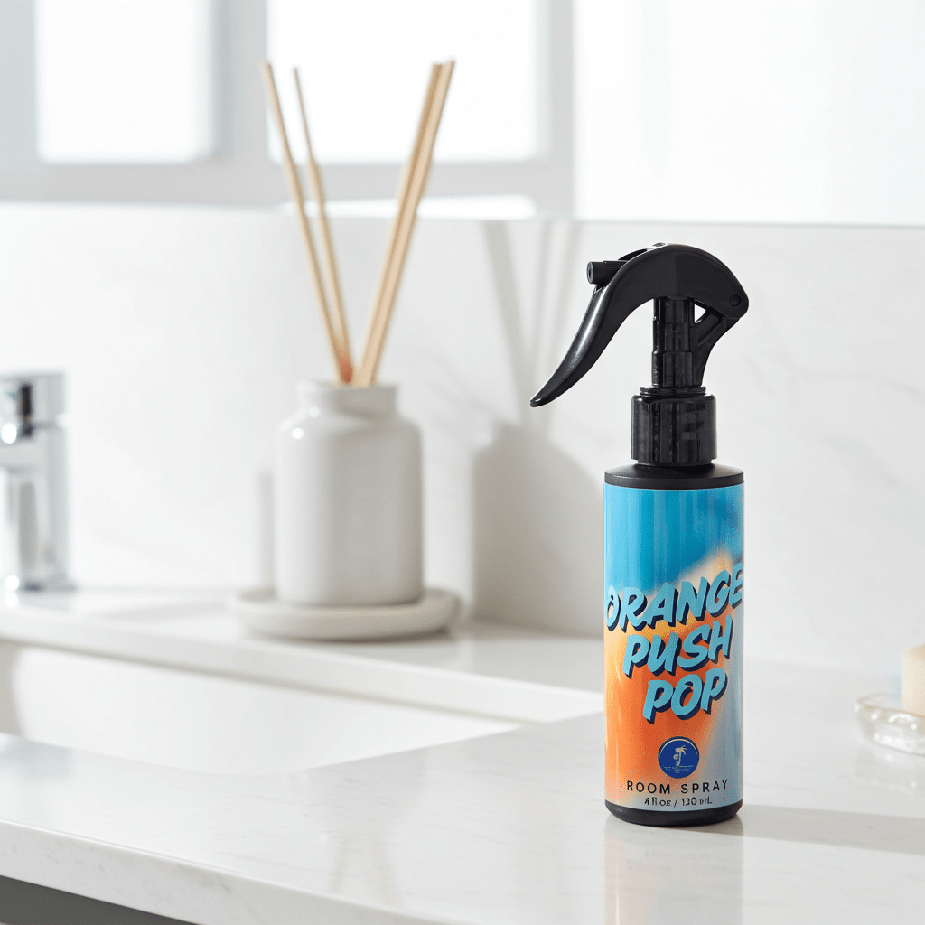 Room spray bottle labeled 'Orange Push Pop' on a white surface with a blurred background