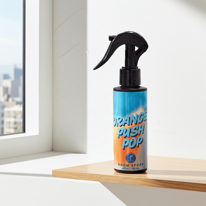 Spray bottle labeled 'Orange Push Pop' on a windowsill with a cityscape view.