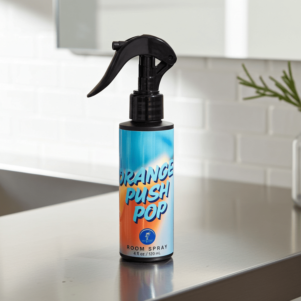 Spray bottle labeled 'Orange Push Pop' on a kitchen counter.