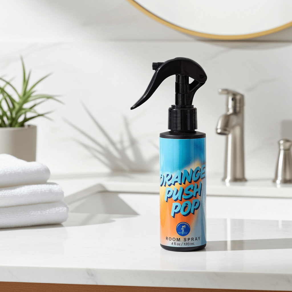 Room spray bottle labeled 'Orange Push Pop' on a bathroom counter.