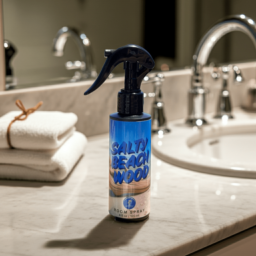Room spray bottle labeled 'Salty Beach Wood' on a bathroom counter.