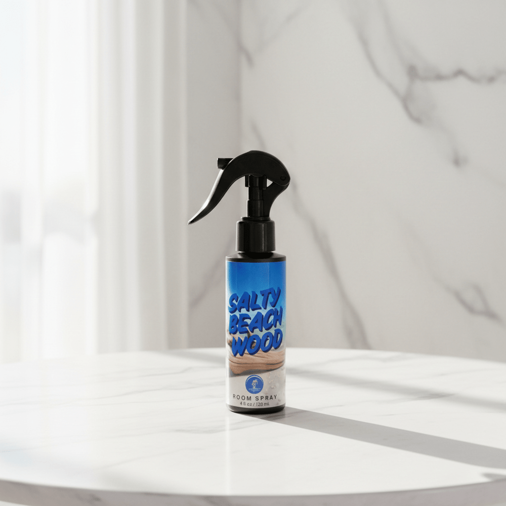 Salty Beach Wood room spray bottle on a white surface with a light gray curtain background