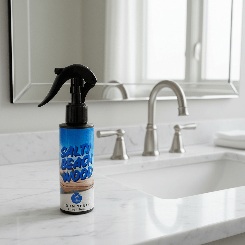 Room spray bottle labeled 'Salty Beach Wood' on a bathroom counter.
