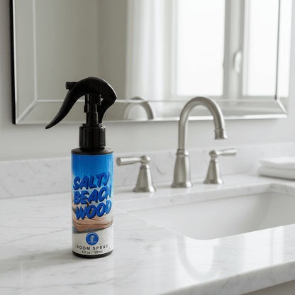 Room spray bottle labeled 'Salty Beach Wood' on a bathroom counter.