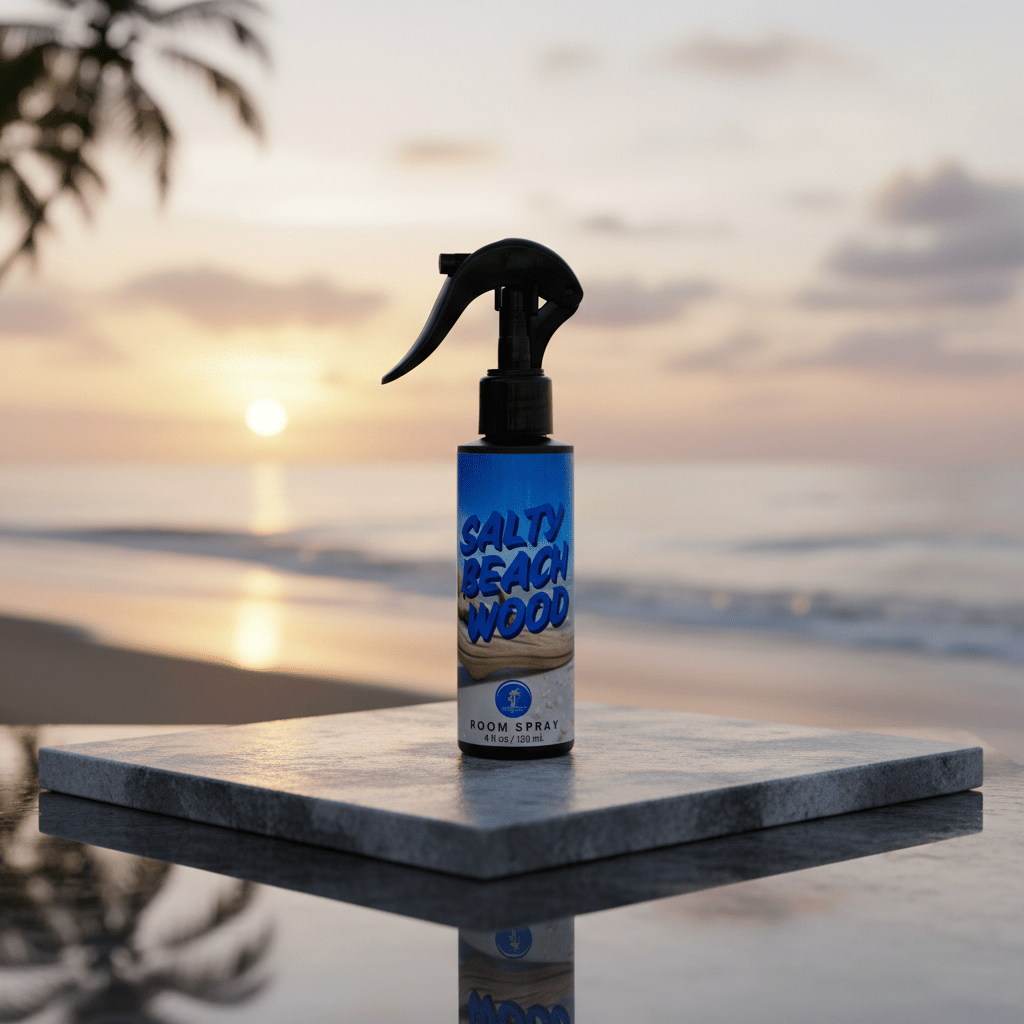Salty Beach Wood room spray bottle on a stone surface with a sunset beach background