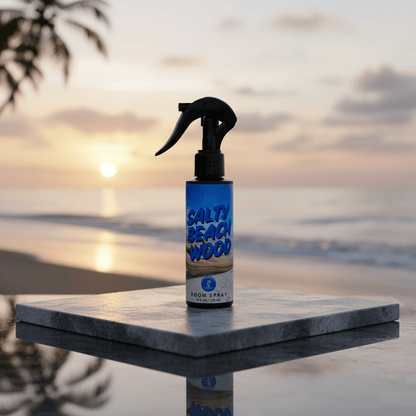 Salty Beach Wood room spray bottle on a stone surface with a sunset beach background