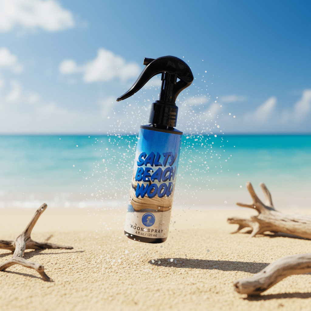 Spray bottle labeled 'Salty Beach Wood' on a sandy beach with ocean and sky in the background