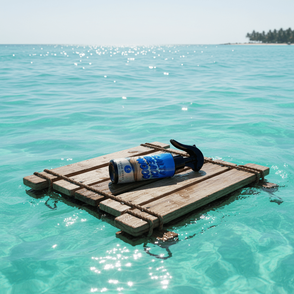 Wooden raft with a Salty Beach Wood room spray bottle on a clear blue water background
