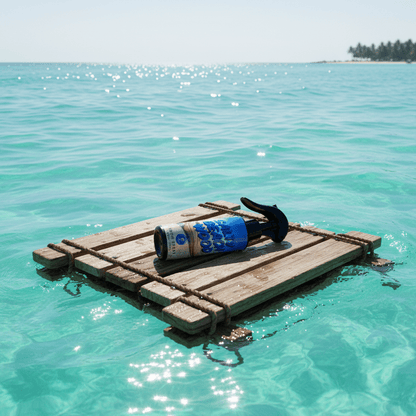 Wooden raft with a Salty Beach Wood room spray bottle on a clear blue water background