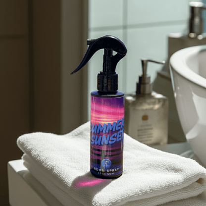 Bottle of room spray labeled 'Summer Sunset' on a towel in a bathroom setting