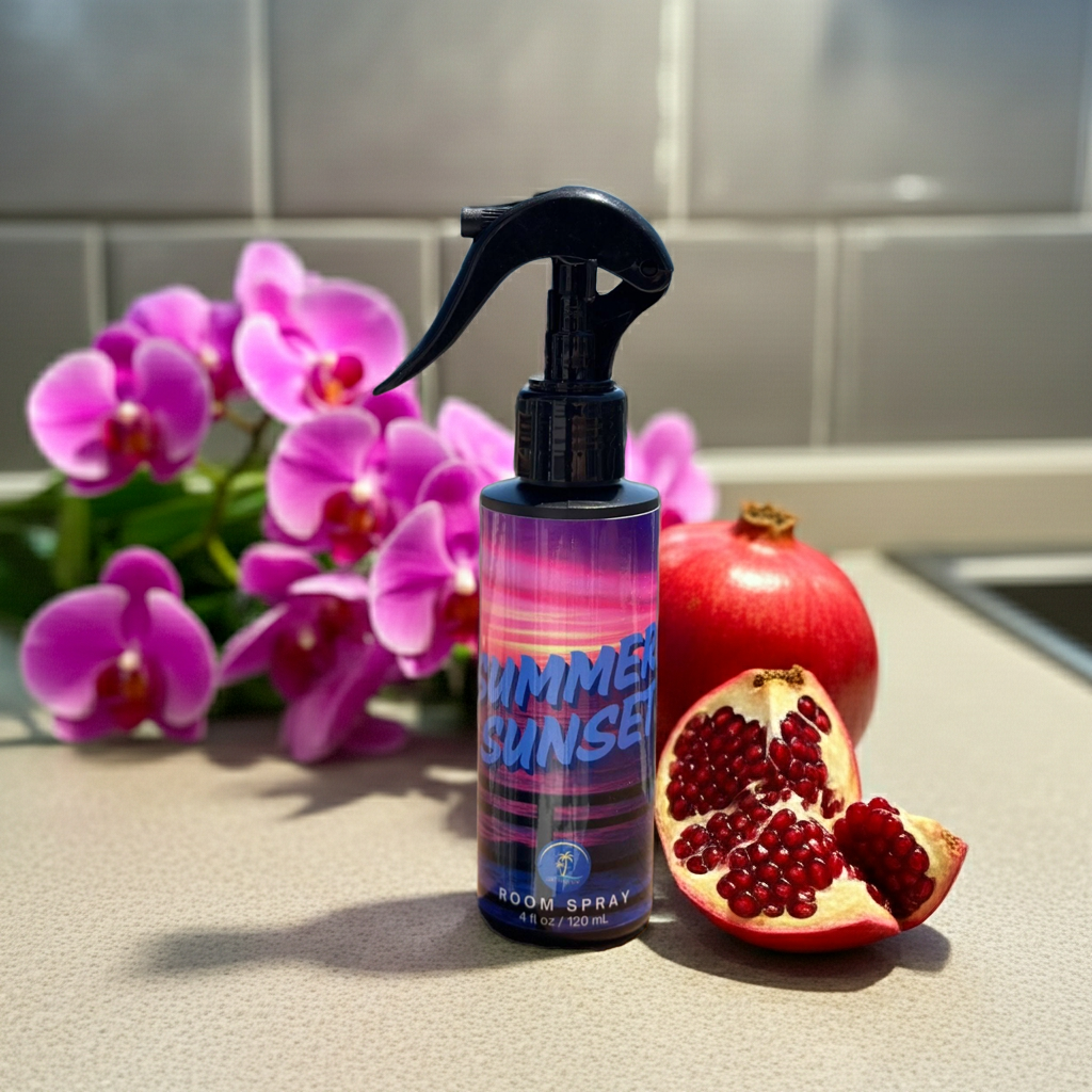 Room spray bottle labeled 'Summer Sunset' with a pomegranate and pink orchids on a countertop.