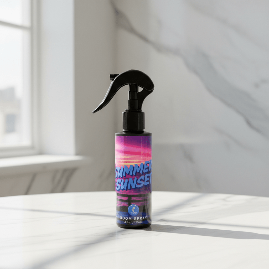 Summer Sunset room spray bottle with colorful label on a white surface