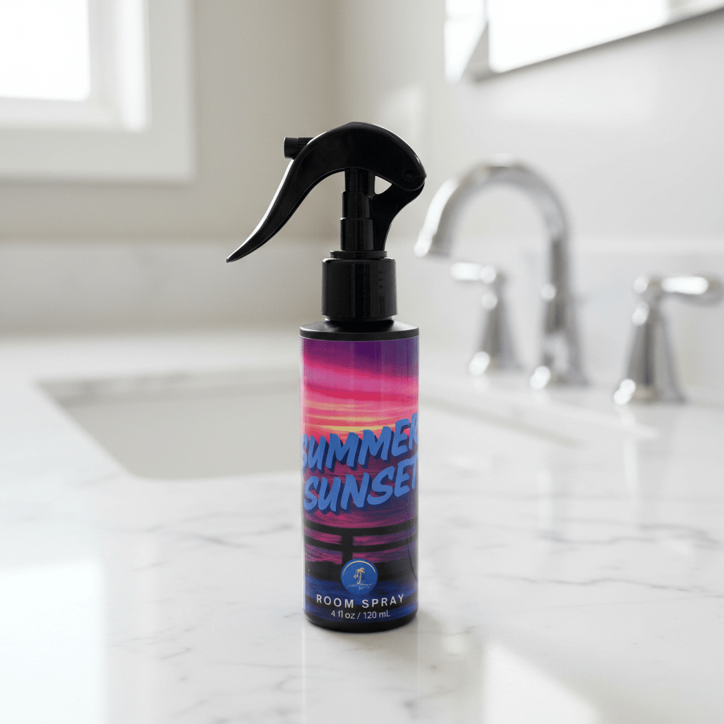Summer Sunset room spray bottle with colorful label on a bathroom counter