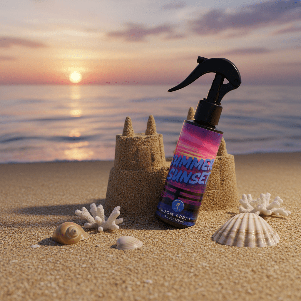 Spray bottle labeled 'Summer Sunset' on a sandy beach with sandcastles and shells at sunset.